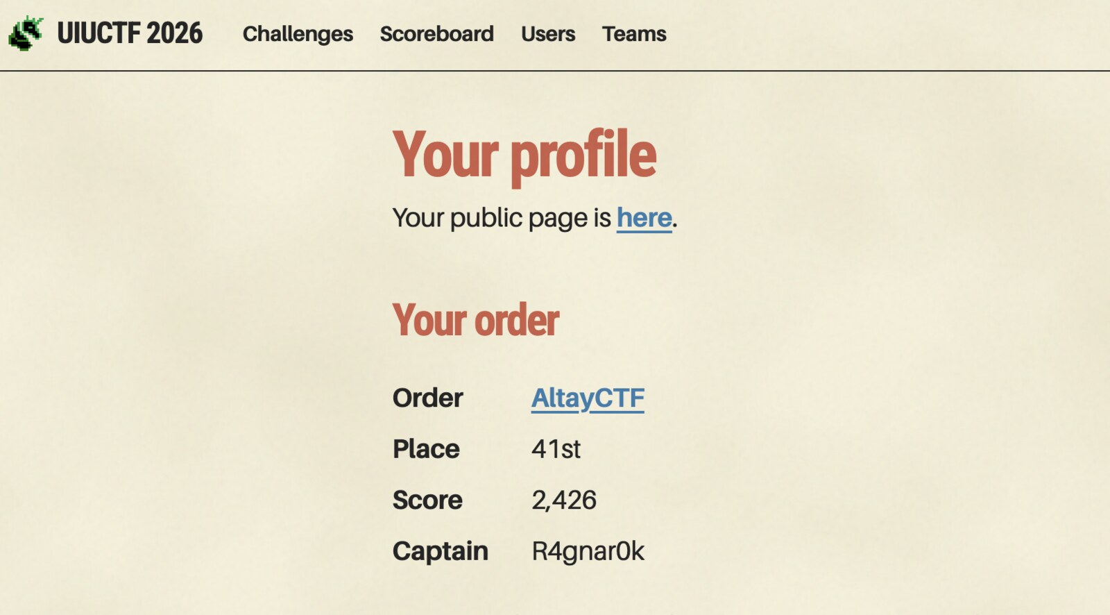 UIUCTF 2026 — AltayCTF küresel 41. sıra, 2.426 puan